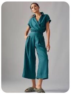 Athleta Playa Teal Elastic-Waist Linen Wide Leg Pants